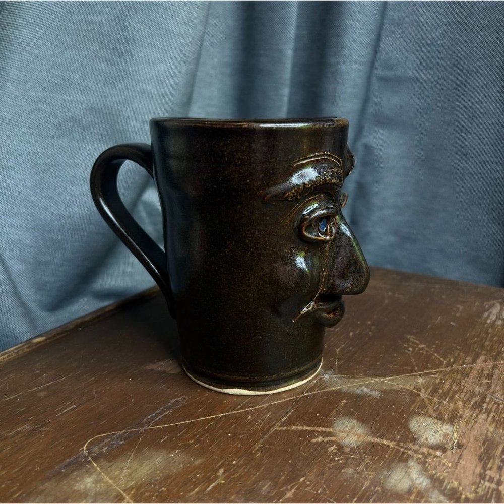 Face Mug Ceramic Salt Brown Glaze, Conner Prairie Pottery Coffee Tea Cup